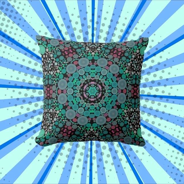 Dot Mandala Flower Green Blue and Red Throw Pillow (Creator Uploaded)