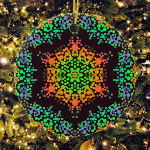 Dot Mandala Flower Green Orange and Blue Ceramic Ornament