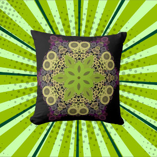 Dot Mandala Flower Green Yellow and Purple Throw Pillow