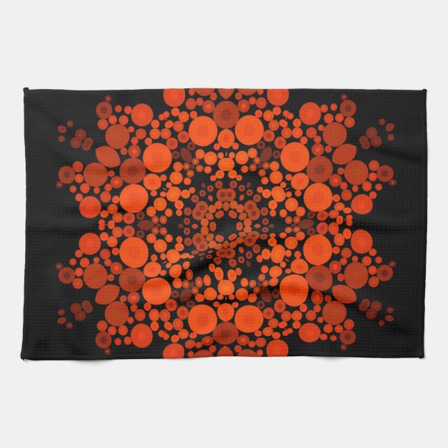Dot Mandala Flower Orange and Black Kitchen Towel (Horizontal)