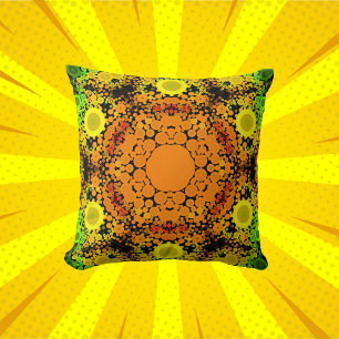 Dot Mandala Flower Orange Yellow and Green Throw Pillow