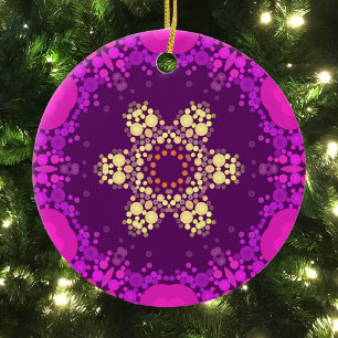 Dot Mandala Flower Pink and Yellow Ceramic Ornament