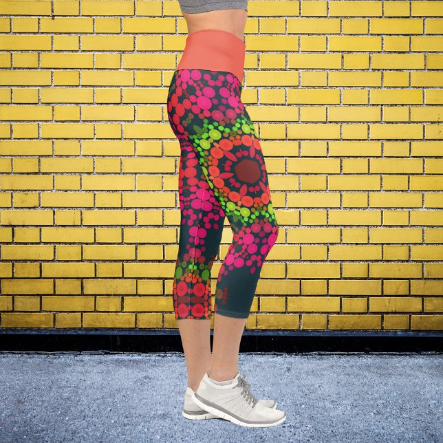 Dot Mandala Flower Pink Green and Orange Capri Leggings (Creator Uploaded)