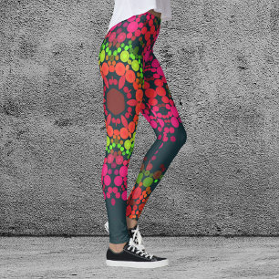 Dot Mandala Flower Pink Green and Orange Leggings
