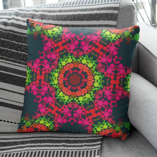 Dot Mandala Flower Pink Green and Orange Throw Pillow (Creator Uploaded)