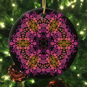 Dot Mandala Flower Pink Yellow and Black Ceramic Ornament
