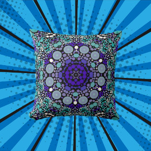 Dot Mandala Flower Purple Blue and White Throw Pillow