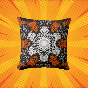 Dot Mandala Flower White Orange and Black Throw Pillow