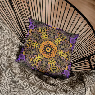 Dot Mandala Flower Yellow and Purple Throw Pillow