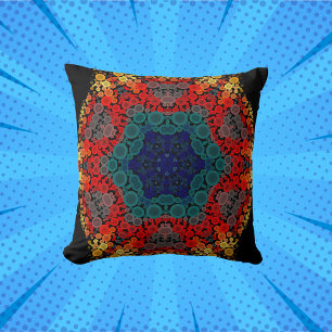 Dot Mandala Flower Yellow Blue and Red Throw Pillow