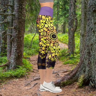 Dot Mandala Flower Yellow Purple and Black Capri Leggings