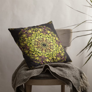 Dot Mandala Flower Yellow Purple and Black Throw Pillow