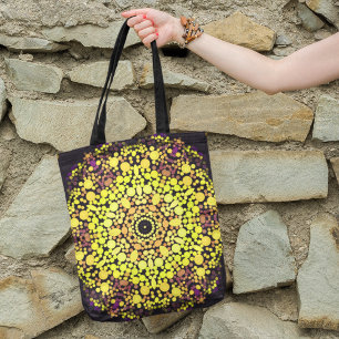 Dot Mandala Flower Yellow Purple and Black Tote Bag
