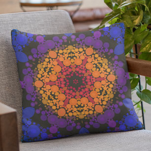 Dot Mandala Flower Yellow Purple and Blue Throw Pillow