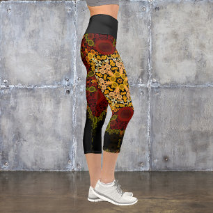 Dot Mandala Flower Yellow Red and Black Capri Leggings