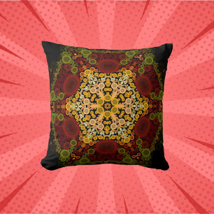 Dot Mandala Flower Yellow Red and Black Throw Pillow