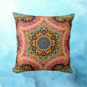 Dot Mandala Pink Blue Black and Yellow Throw Pillow