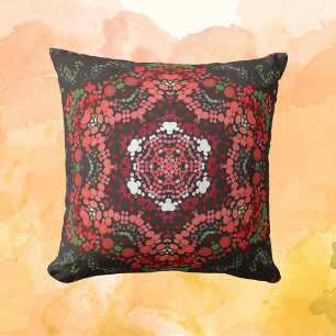 Dot Mandala Red Green and White Throw Pillow