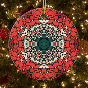 Dot Mandala Red White Blue and Green Ceramic Ornament