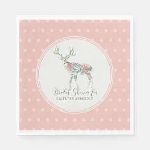 Dot Pattern Boho Floral Deer w Antlers Pink Roses Napkin