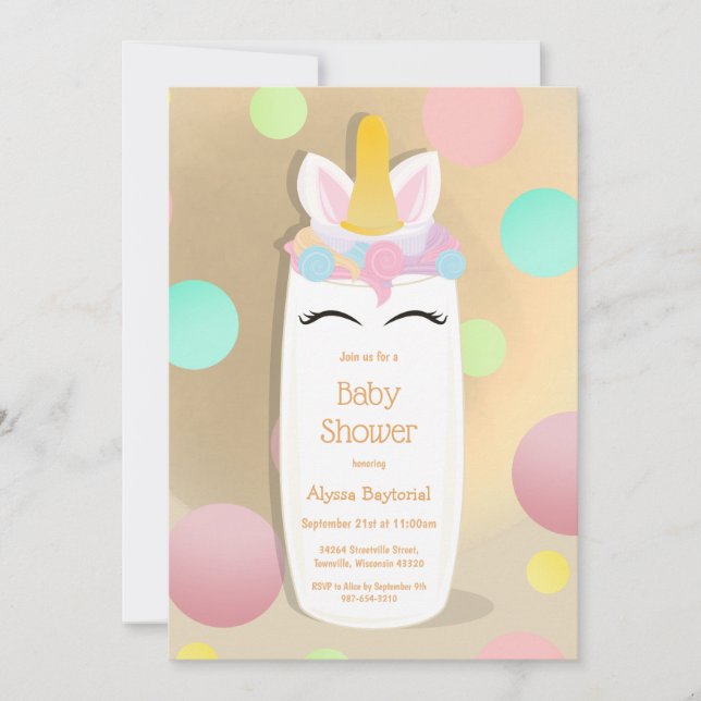 Dot Unicorn Baby Bottle | Baby Shower Invitation (Front)