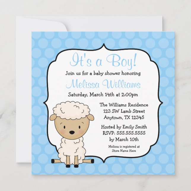 Dots bleus d'agneau Invitations de douche pour béb (Devant)