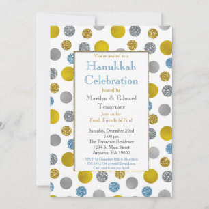 Dots Bleus Or Argent Hanoukka Invitation