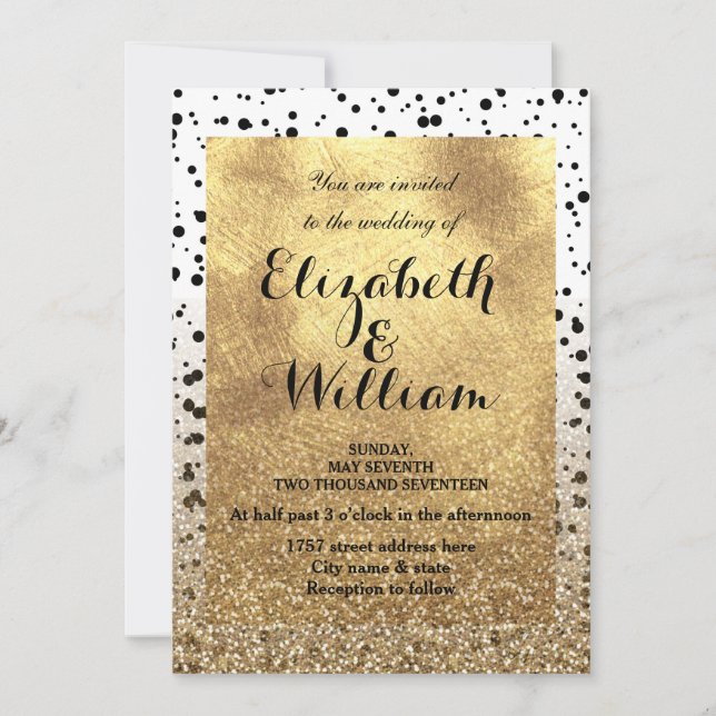 Dots confetti and faux gold design invitation (Front)