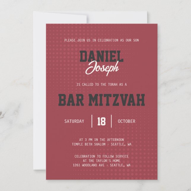 Dots maroon sportif Bar Mitzvah invitation (Devant)