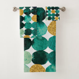 Dots pattern - emerald and gold glitter bath towel set
