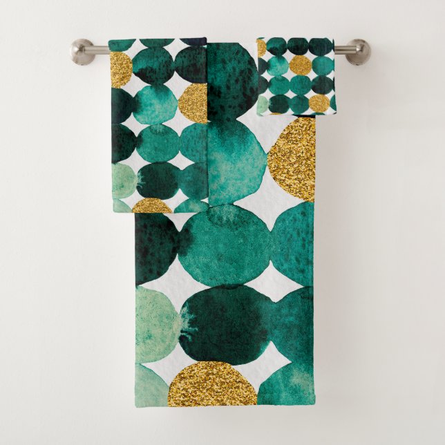 Dots pattern - emerald and gold glitter bath towel set (Insitu)