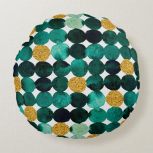 Dots pattern - emerald and gold glitter round pillow