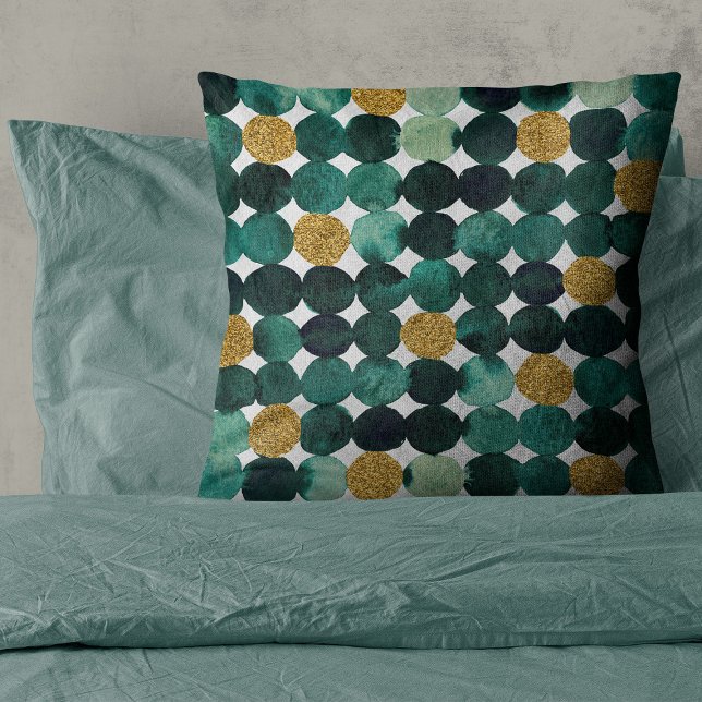 Dots pattern - emerald and gold glitter throw pillow (Creator Uploaded)