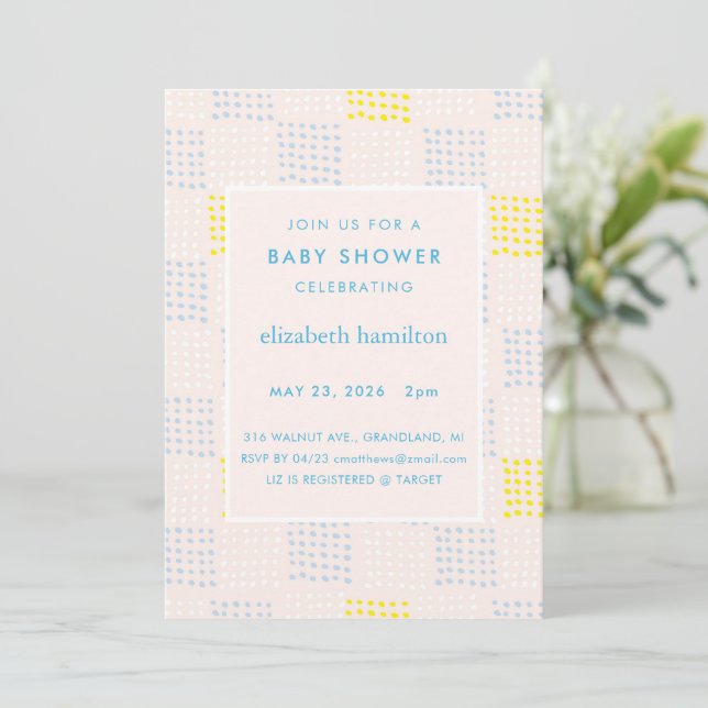 Dots & Squares Pink & Blue Baby Shower Invitation (Standing Front)