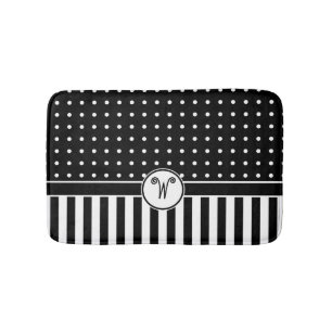 Dots Stripes Monogram Black White Bath Mat