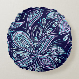 Dotted blue pattern with paisley and beads. Orname Round Pillow