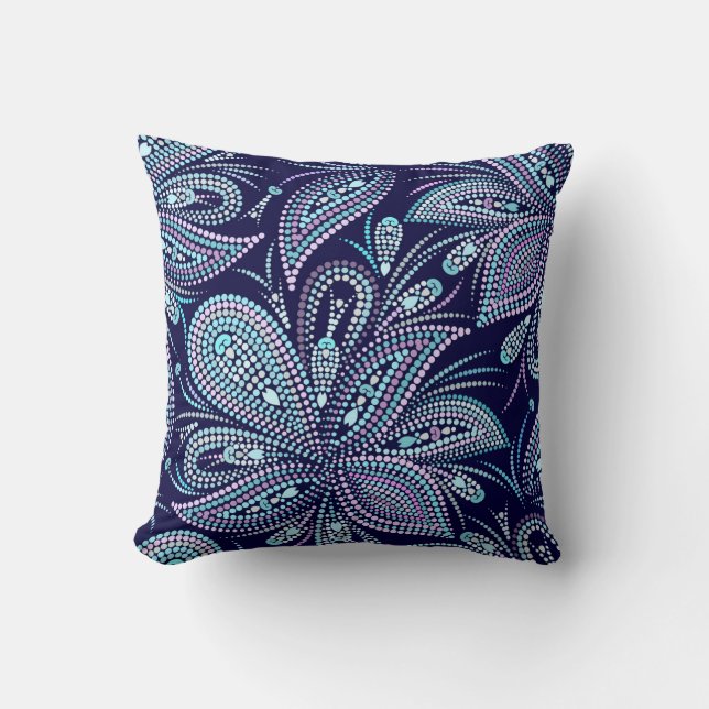 Dotted blue pattern with paisley and beads. Orname Throw Pillow (Front)