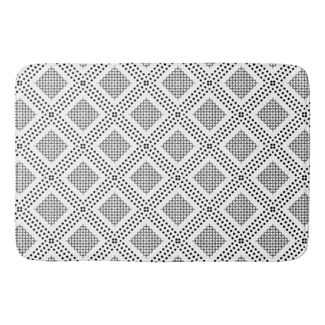 Dotted Grid: Repetitive Black and White Square Bath Mat (Front)