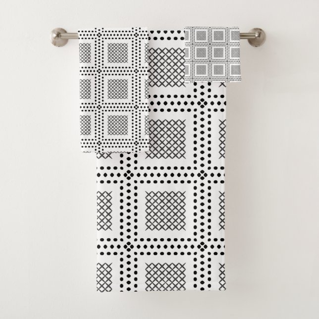Dotted Grid: Repetitive Black and White Square Bath Towel Set (Insitu)