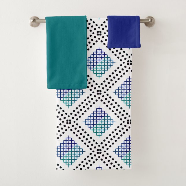 Dotted Grid: Repetitive Blue green Black Bath Towel Set (Insitu)