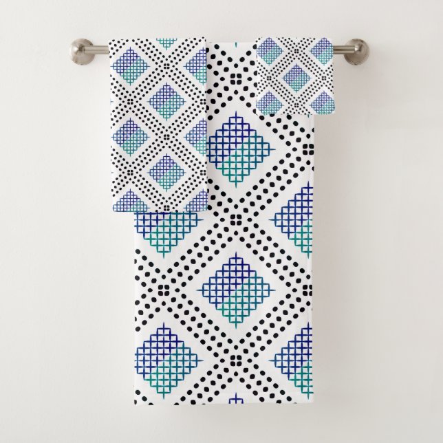 Dotted Grid: Repetitive Blue green Black Bath Towel Set (Insitu)