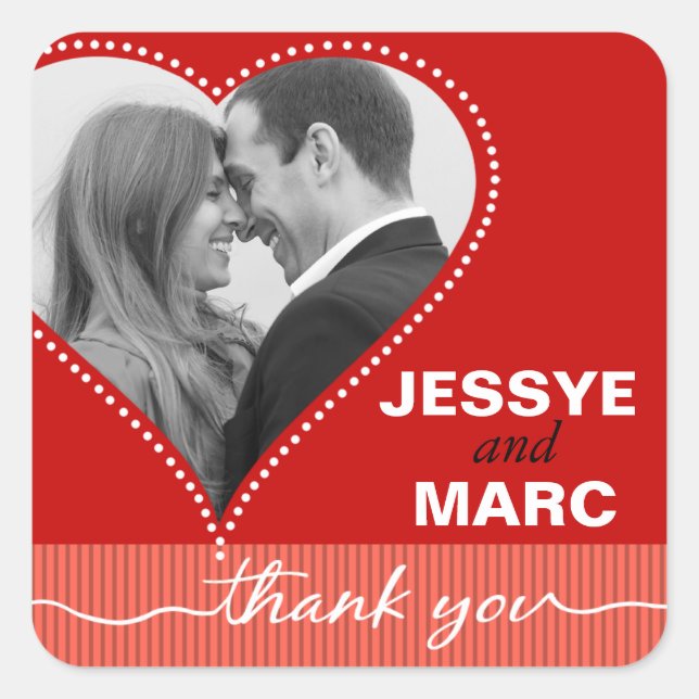Dotted Heart Photo Thank You red coral Square Sticker (Front)