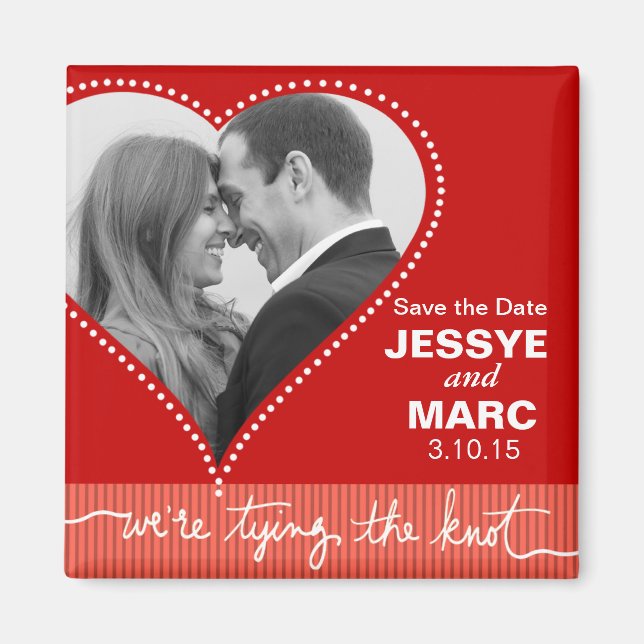Dotted Heart Save the Date red coral Magnet (Front)