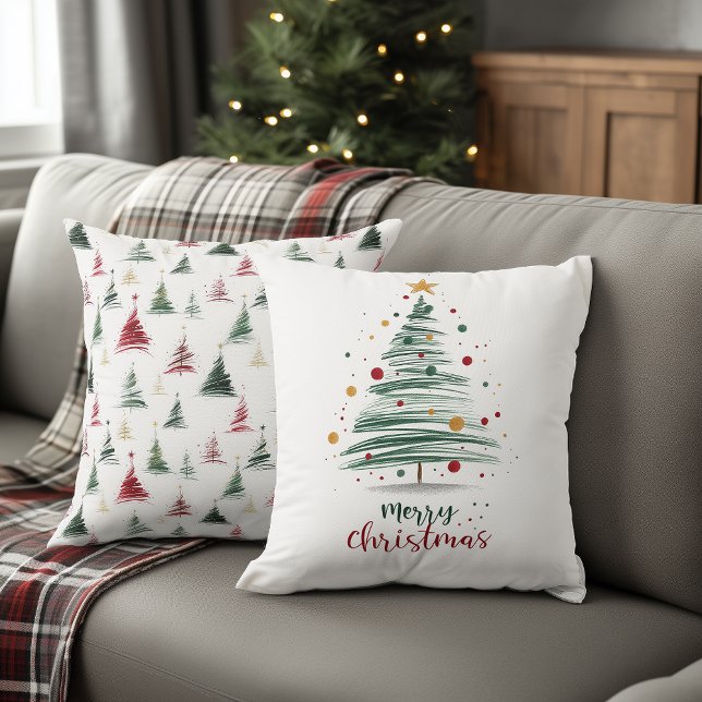 Dotted Minimalist Brushstroke Christmas Tree Throw Pillow (Creator Uploaded)