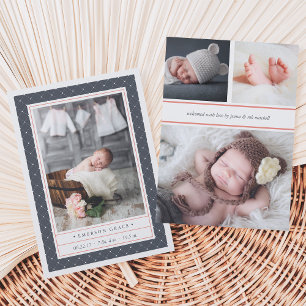 Dotted Navy   Double Sided Birth Announcement