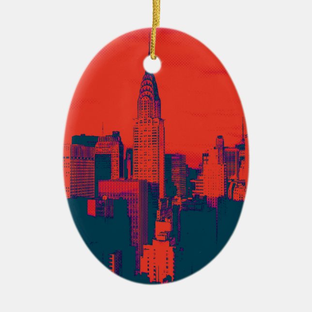 Dotted Red Retro Style Pop Art New York City Ceramic Ornament (Front)