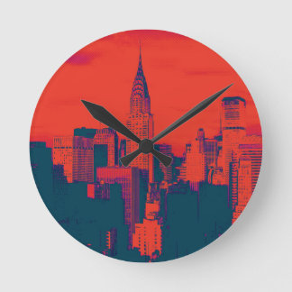 Dotted Red Retro Style Pop Art New York City Round Clock
