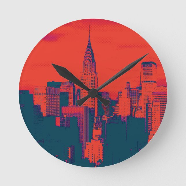 Dotted Red Retro Style Pop Art New York City Round Clock (Front)