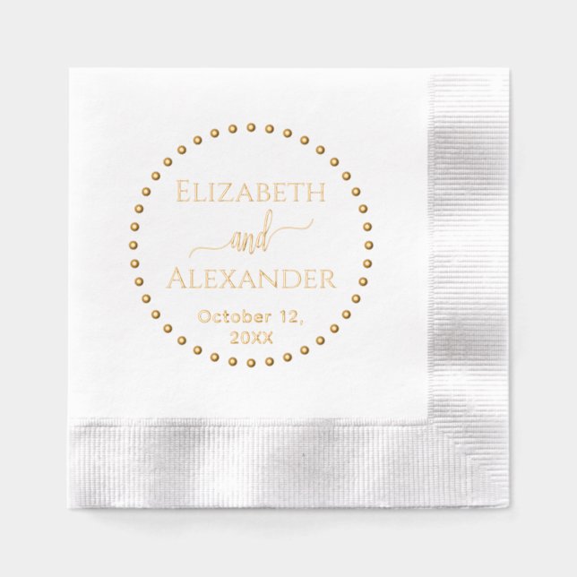 Dotted Round Frame Bride Groom Names Date Wedding Foil Napkins (Front)