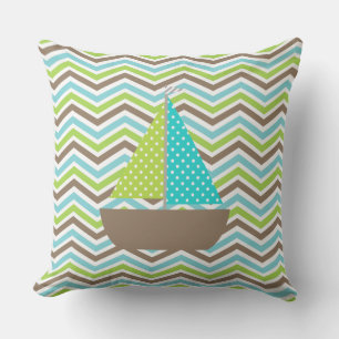 Dotted Sailboat on Chevron Stripe Outdoor Pillow